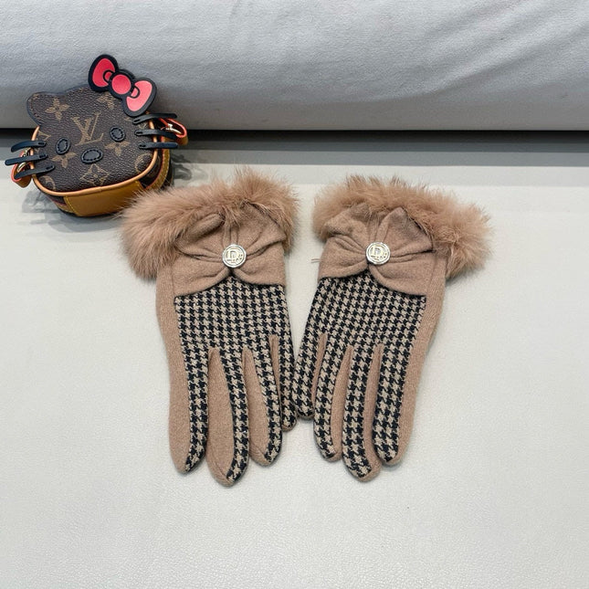 GLOVES WITH BOW IN HAZELNUT BEIGE MIX BLACK WOOL AND RABBIT FUR 453760