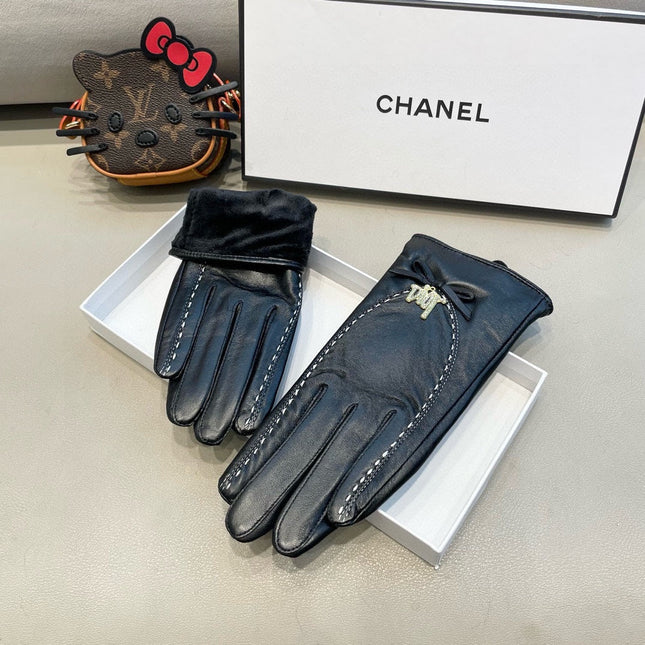 GLOVES ATTACHED BOW IN BLACK LAMBSKIN 458528