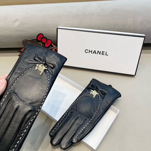 GLOVES ATTACHED BOW IN BLACK LAMBSKIN 458528