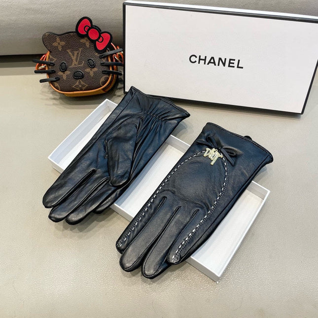 GLOVES ATTACHED BOW IN BLACK LAMBSKIN 458528