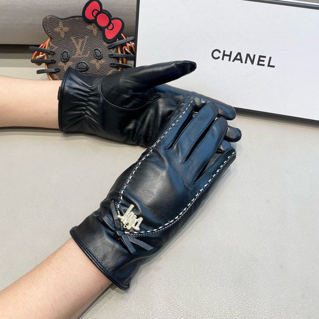 GLOVES ATTACHED BOW IN BLACK LAMBSKIN 458528