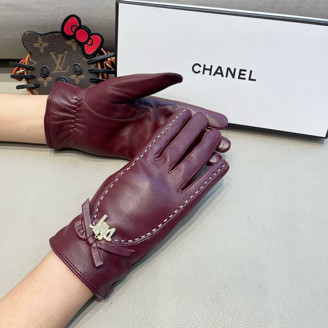 GLOVES ATTACHED BOW IN BURGUNDY RED LAMBSKIN 458529