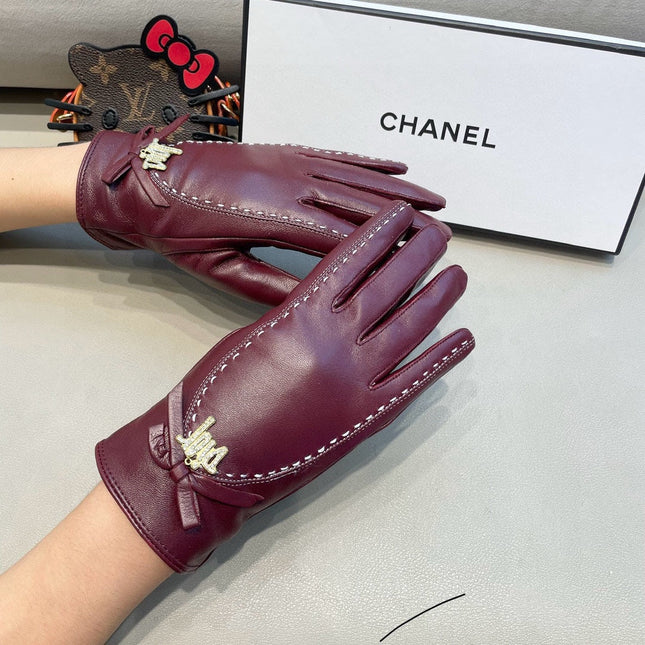 GLOVES ATTACHED BOW IN BURGUNDY RED LAMBSKIN 458529