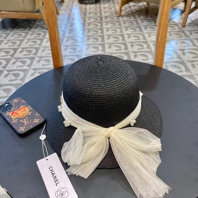 STRAW HAT BOW WITH PEARL BLACK 672699
