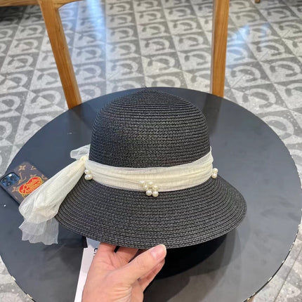 STRAW HAT BOW WITH PEARL BLACK 672699