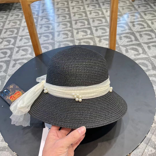 STRAW HAT BOW WITH PEARL BLACK 672699