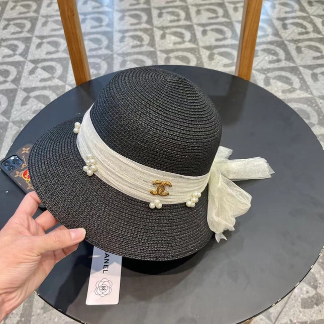 STRAW HAT BOW WITH PEARL BLACK 672699