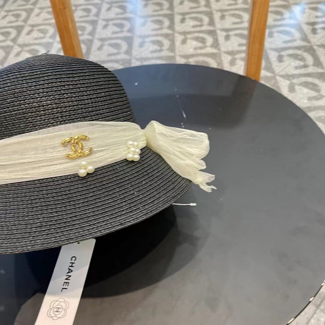 STRAW HAT BOW WITH PEARL BLACK 672699