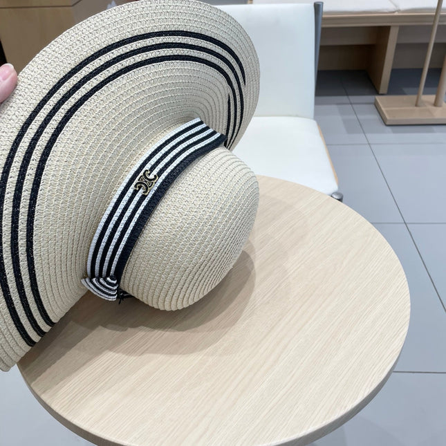 WIDE BRIM HAT MODEL 650408 IN CREAM WHITE BLACK STRIPES WOVEN STRAW