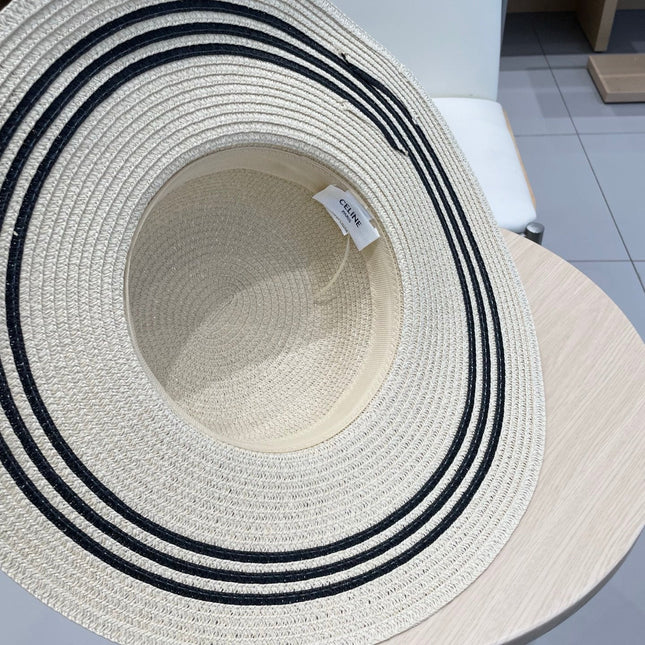 WIDE BRIM HAT MODEL 650408 IN CREAM WHITE BLACK STRIPES WOVEN STRAW