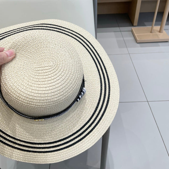 WIDE BRIM HAT MODEL 650408 IN CREAM WHITE BLACK STRIPES WOVEN STRAW