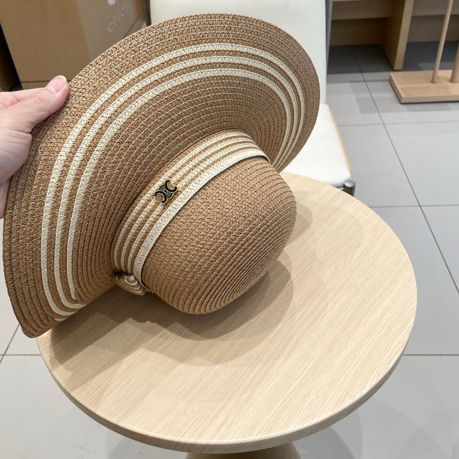 WIDE BRIM HAT MODEL 650409 IN  BROWN WITH CREAM STRIPES WOVEN STRAW