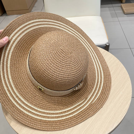 WIDE BRIM HAT MODEL 650409 IN  BROWN WITH CREAM STRIPES WOVEN STRAW