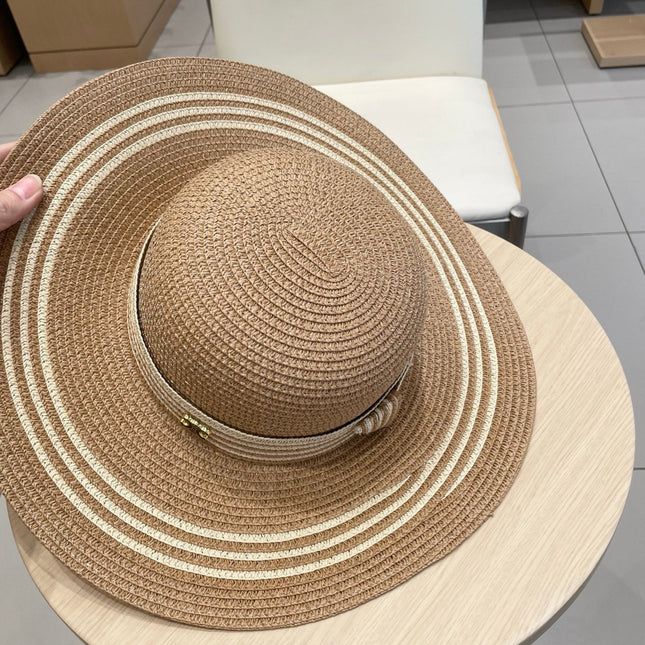 WIDE BRIM HAT MODEL 650409 IN  BROWN WITH CREAM STRIPES WOVEN STRAW
