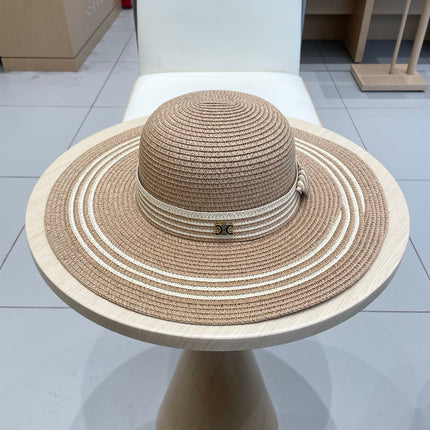 WIDE BRIM HAT MODEL 650409 IN  BROWN WITH CREAM STRIPES WOVEN STRAW