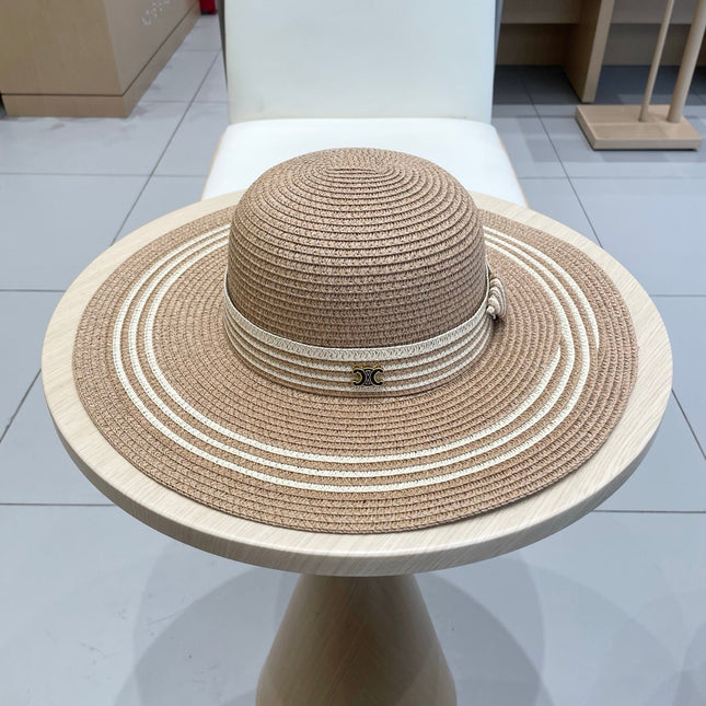 WIDE BRIM HAT MODEL 650409 IN  BROWN WITH CREAM STRIPES WOVEN STRAW