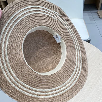 WIDE BRIM HAT MODEL 650409 IN  BROWN WITH CREAM STRIPES WOVEN STRAW