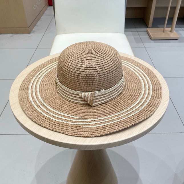 WIDE BRIM HAT MODEL 650409 IN  BROWN WITH CREAM STRIPES WOVEN STRAW
