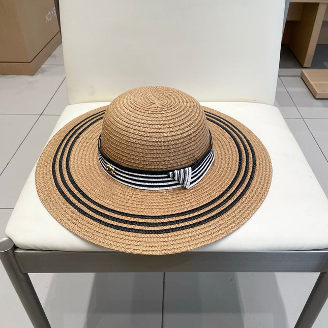 WIDE BRIM HAT MODEL 650410 IN BROWN WITH BLACK STRIPES WOVEN STRAW
