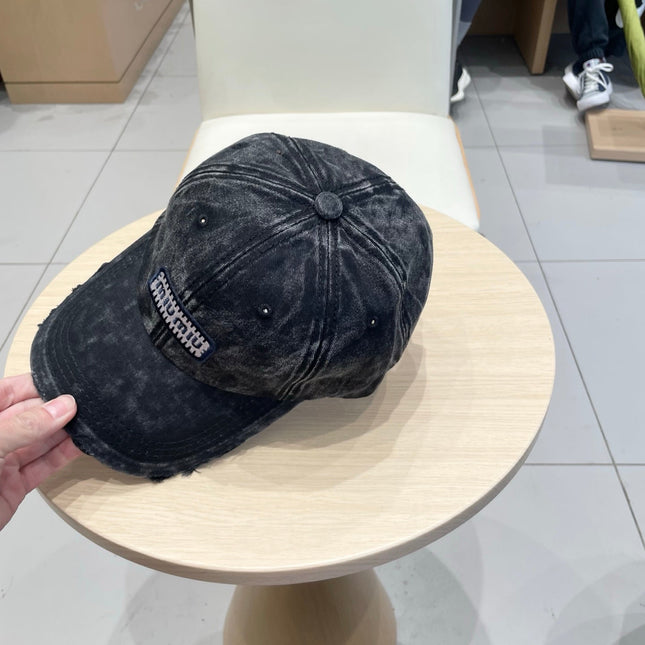 MM DISTRESSED FABRIC BASEBALL CAP IN BLACK WITH EMBROIDERED LOGO