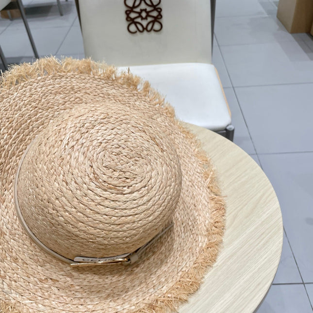 WIDE BRIM HAT MODEL 650421 IN NATURAL WITH BEIGE LEATHER STRAP RAFFIA STRAW