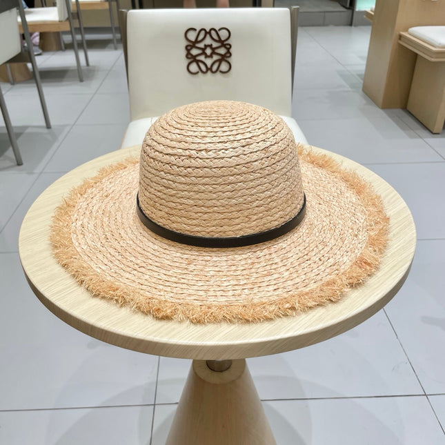 WIDE BRIM HAT MODEL 650422 IN NATURAL WITH BLACK LEATHER STRAP RAFFIA STRAW