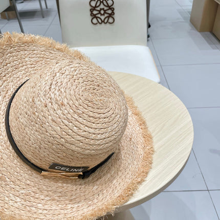 WIDE BRIM HAT MODEL 650422 IN NATURAL WITH BLACK LEATHER STRAP RAFFIA STRAW