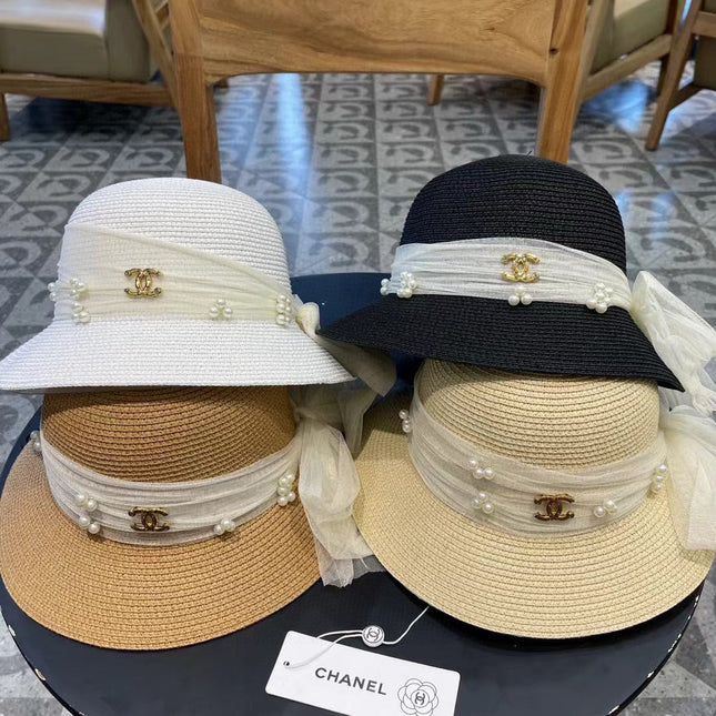 STRAW HAT BOW WITH PEARL BLACK 672699