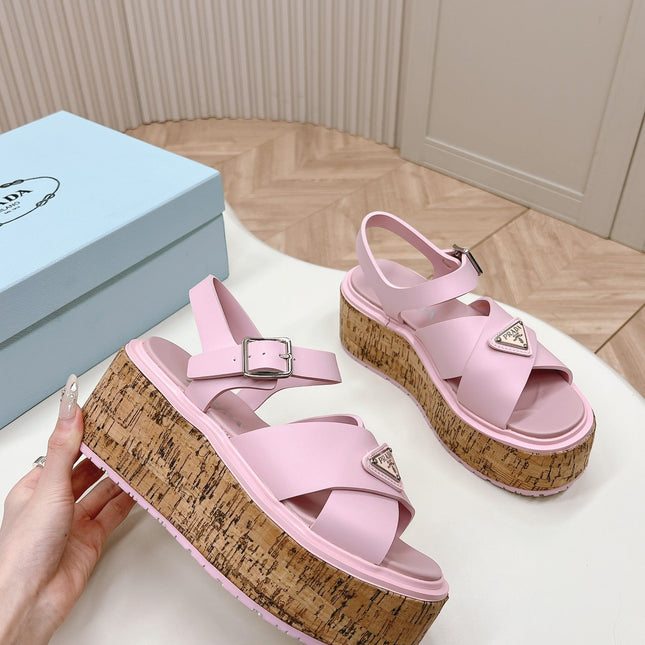 PRA WEDGE PLATFORM SANDALS PASTEL PINK CALFSKIN