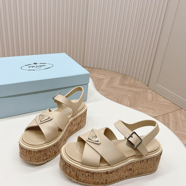 PRA WEDGE PLATFORM SANDALS BEIGE CALFSKIN