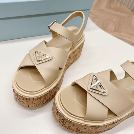 PRA WEDGE PLATFORM SANDALS BEIGE CALFSKIN
