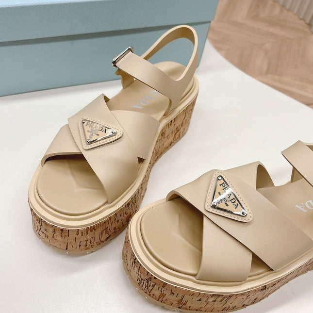 PRA WEDGE PLATFORM SANDALS BEIGE CALFSKIN