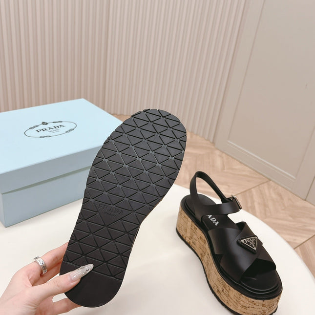 PRA WEDGE PLATFORM SANDALS BLACK CALFSKIN