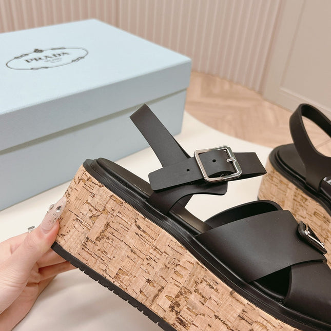 PRA WEDGE PLATFORM SANDALS BLACK CALFSKIN