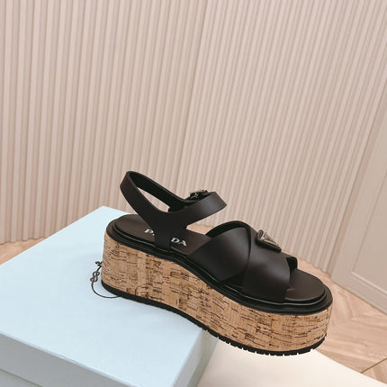 PRA WEDGE PLATFORM SANDALS BLACK CALFSKIN
