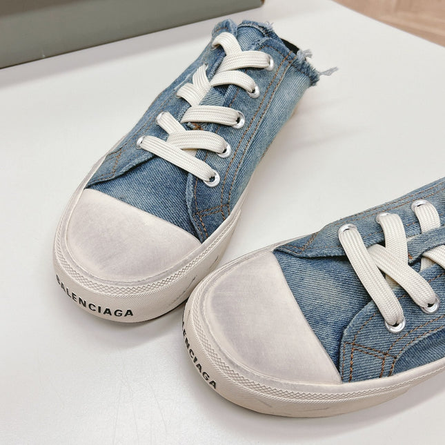 PARIS MULES IN BLUE DESTROYED DENIM AND RUBBER