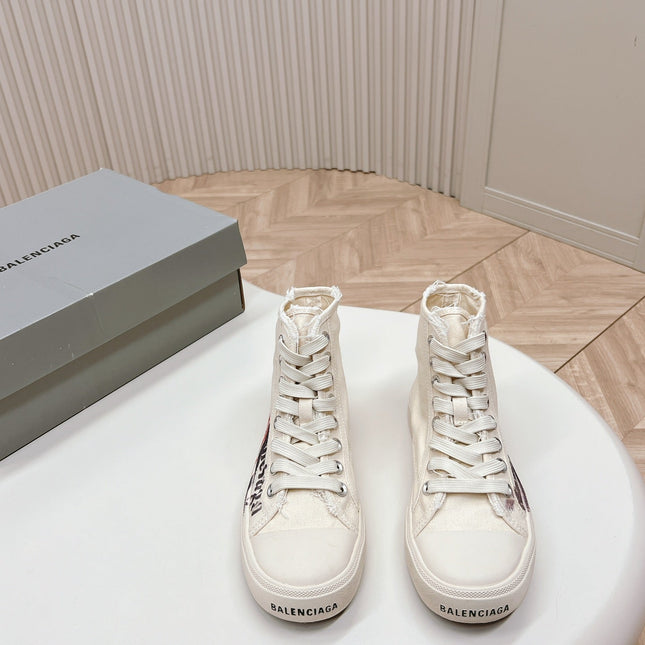 WHITE CANVAS HIGH-TOP SNEAKERS LOGO GRAFFITI