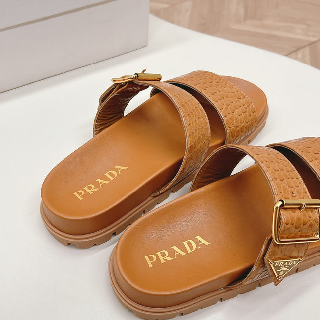 PRA CROCODILE MOTIF SLIDES SANDALS CAMEL CALFSKIN