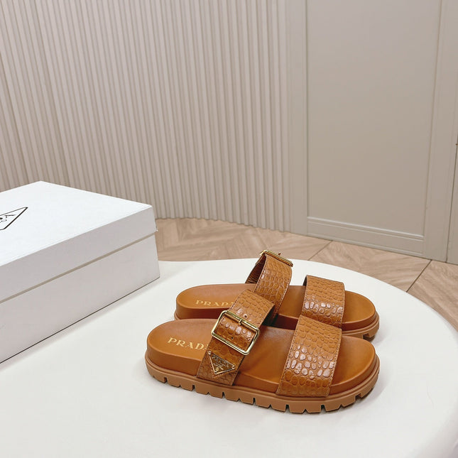 PRA CROCODILE MOTIF SLIDES SANDALS CAMEL CALFSKIN