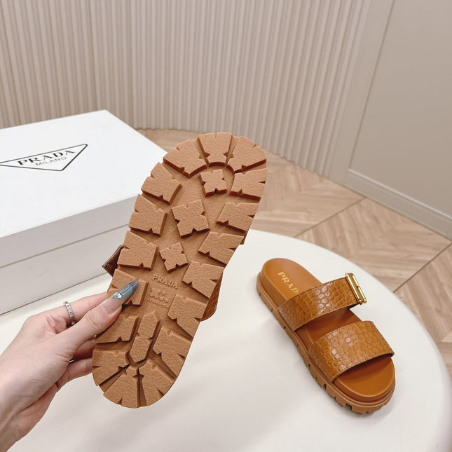PRA CROCODILE MOTIF SLIDES SANDALS CAMEL CALFSKIN