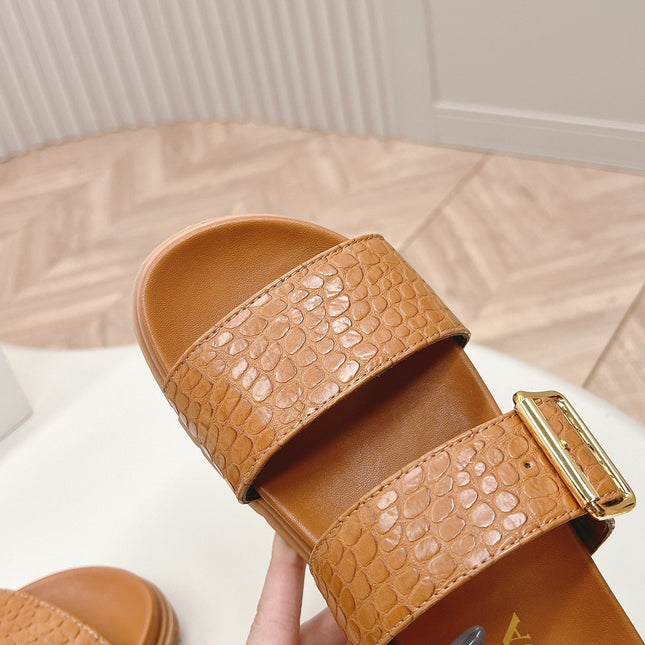 PRA CROCODILE MOTIF SLIDES SANDALS CAMEL CALFSKIN