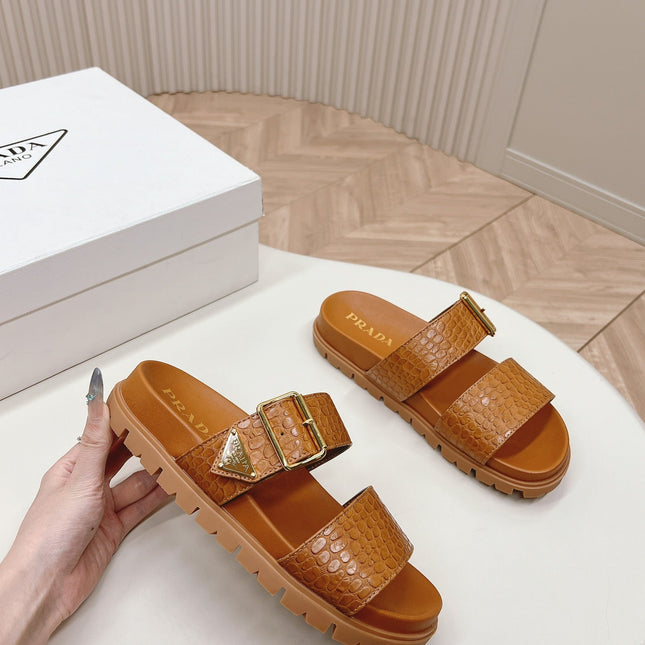 PRA CROCODILE MOTIF SLIDES SANDALS CAMEL CALFSKIN