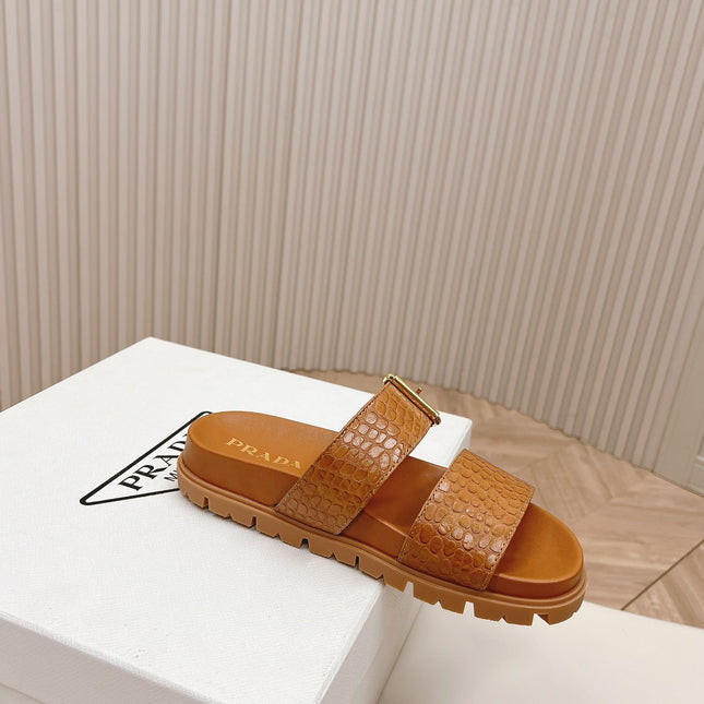 PRA CROCODILE MOTIF SLIDES SANDALS CAMEL CALFSKIN