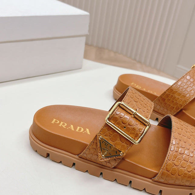 PRA CROCODILE MOTIF SLIDES SANDALS CAMEL CALFSKIN