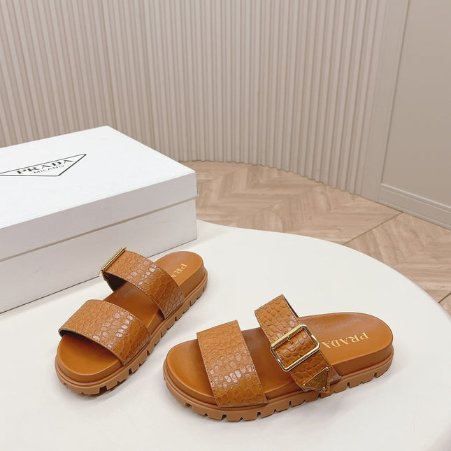 PRA CROCODILE MOTIF SLIDES SANDALS CAMEL CALFSKIN