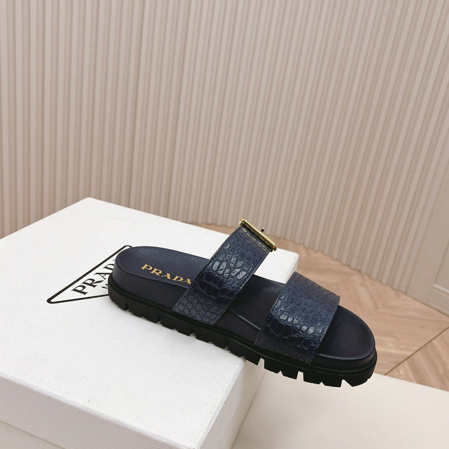 PRA CROCODILE MOTIF SLIDES SANDALS NAVY CALFSKIN