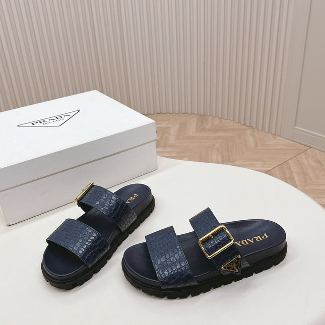 PRA CROCODILE MOTIF SLIDES SANDALS NAVY CALFSKIN