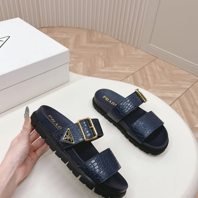 PRA CROCODILE MOTIF SLIDES SANDALS NAVY CALFSKIN
