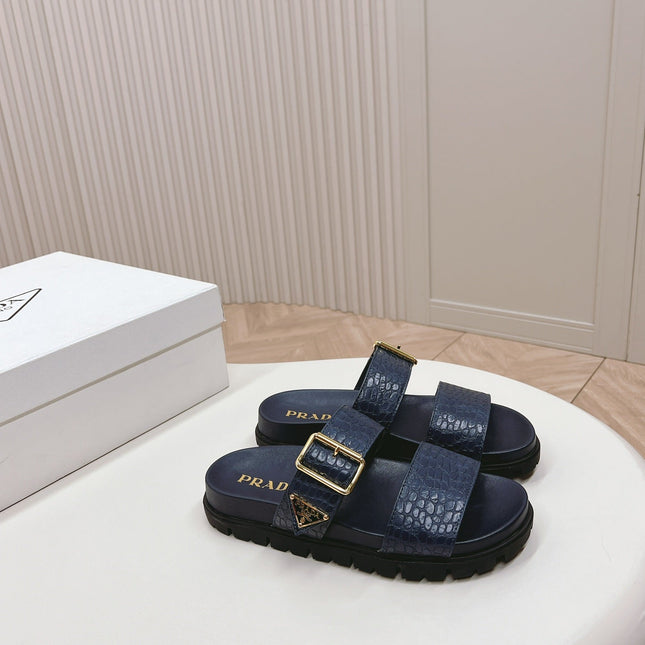 PRA CROCODILE MOTIF SLIDES SANDALS NAVY CALFSKIN