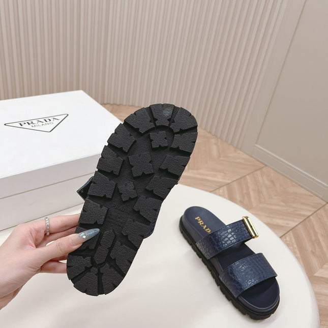 PRA CROCODILE MOTIF SLIDES SANDALS NAVY CALFSKIN
